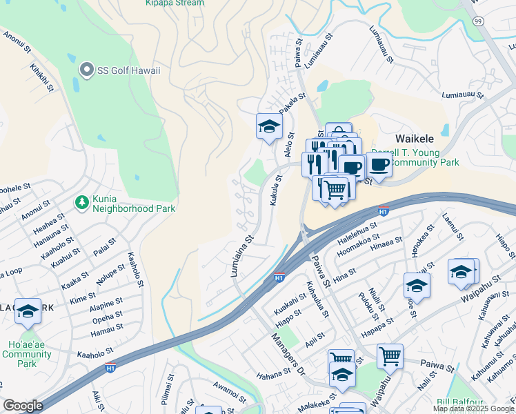 map of restaurants, bars, coffee shops, grocery stores, and more near 94-641 Lumiaina Street in Waipahu