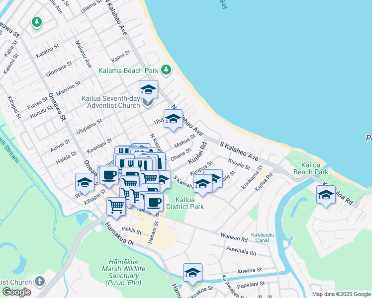 map of restaurants, bars, coffee shops, grocery stores, and more near 161 Makua Street in Kailua