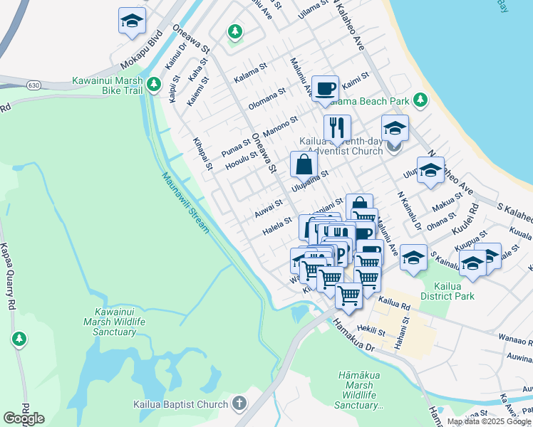 map of restaurants, bars, coffee shops, grocery stores, and more near 551 Auwai Street in Kailua