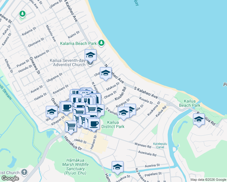 map of restaurants, bars, coffee shops, grocery stores, and more near 161 Makua Street in Kailua