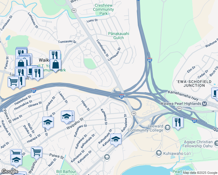 map of restaurants, bars, coffee shops, grocery stores, and more near 94-1078 Lelehu Street in Waipahu