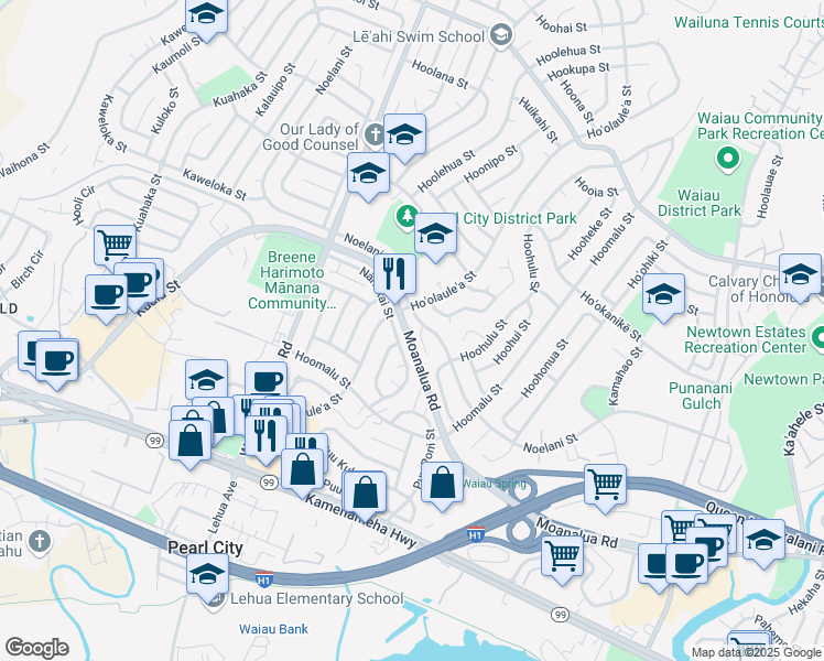 map of restaurants, bars, coffee shops, grocery stores, and more near 1338 Noelani Place in Pearl City