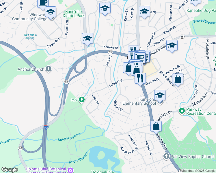 map of restaurants, bars, coffee shops, grocery stores, and more near Luluku Road & Anoi Road in Kaneohe