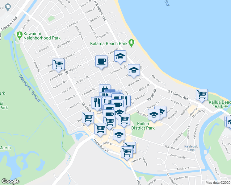 map of restaurants, bars, coffee shops, grocery stores, and more near 101D North Kainalu Drive in Kailua