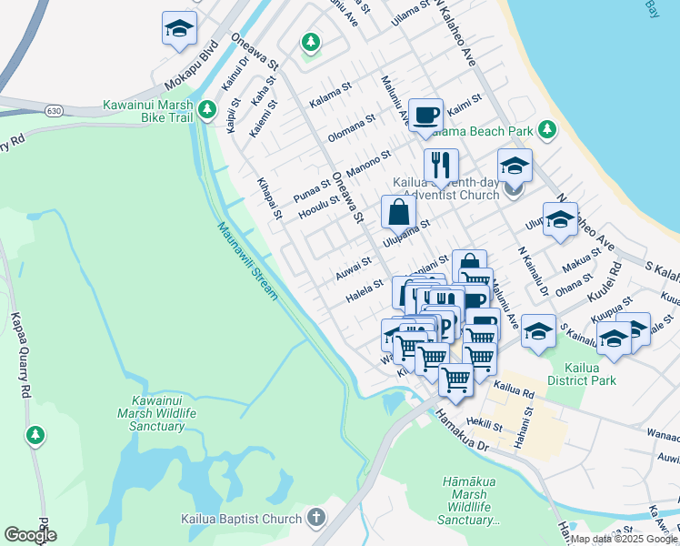map of restaurants, bars, coffee shops, grocery stores, and more near 551 Auwai Street in Kailua