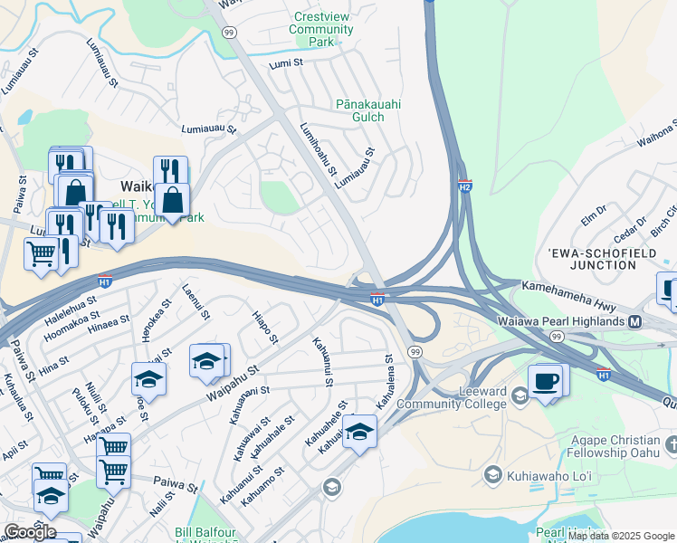 map of restaurants, bars, coffee shops, grocery stores, and more near 94-1078 Lelehu Street in Waipahu