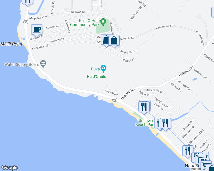 map of restaurants, bars, coffee shops, grocery stores, and more near 87-1378 Akowai Road in Waianae