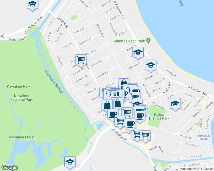 map of restaurants, bars, coffee shops, grocery stores, and more near 306 Kealahou Place in Kailua