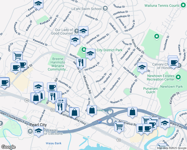 map of restaurants, bars, coffee shops, grocery stores, and more near 1453 Hoʻohaku Place in Pearl City