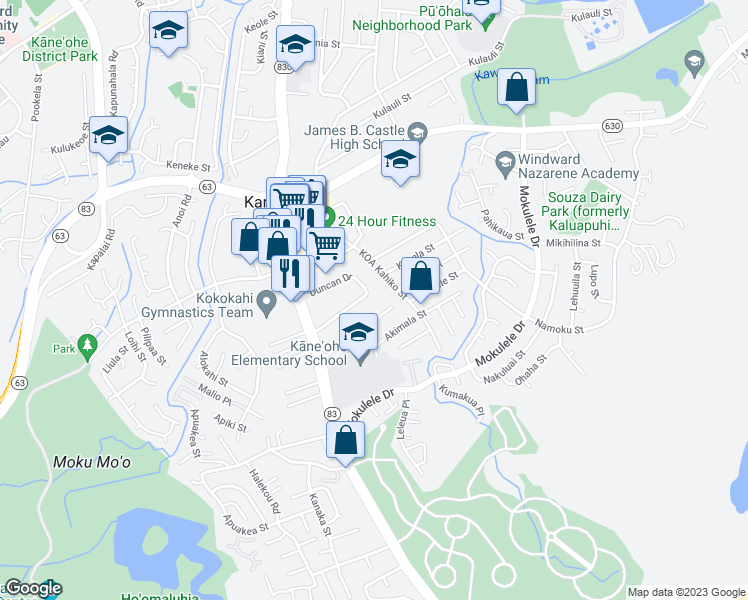 map of restaurants, bars, coffee shops, grocery stores, and more near 45-551 Duncan Drive in Kaneohe