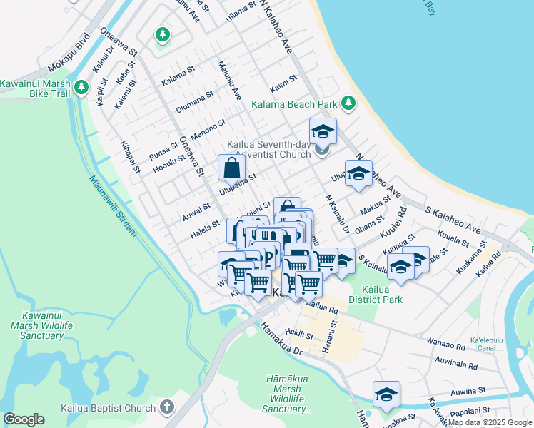 map of restaurants, bars, coffee shops, grocery stores, and more near 355A Keaniani Street in Kailua