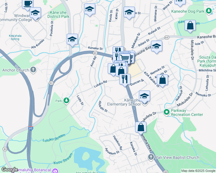 map of restaurants, bars, coffee shops, grocery stores, and more near 45-587 Awanene Place in Kaneohe