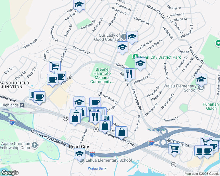 map of restaurants, bars, coffee shops, grocery stores, and more near 1325 Hoolauna Street in Pearl City