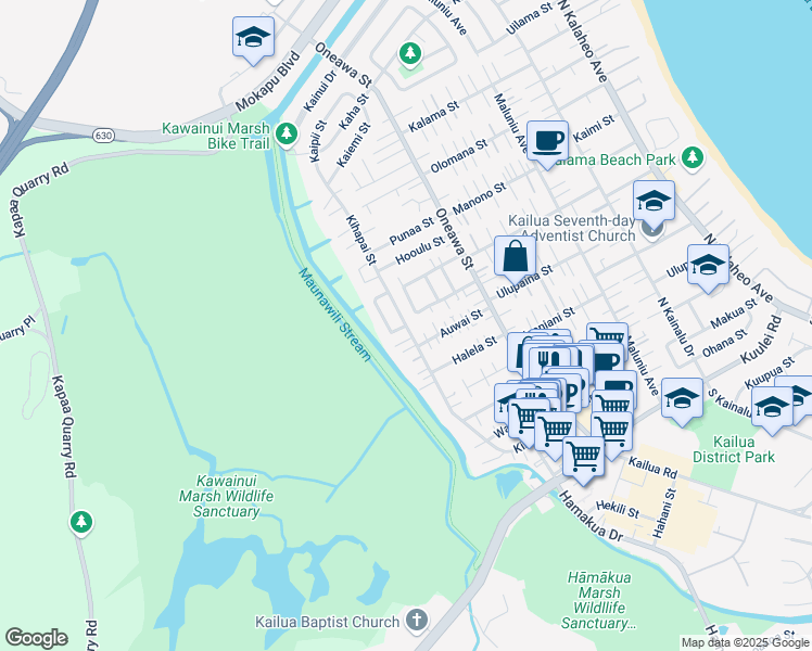 map of restaurants, bars, coffee shops, grocery stores, and more near Kihapai St & Kahoa Dr in Kailua