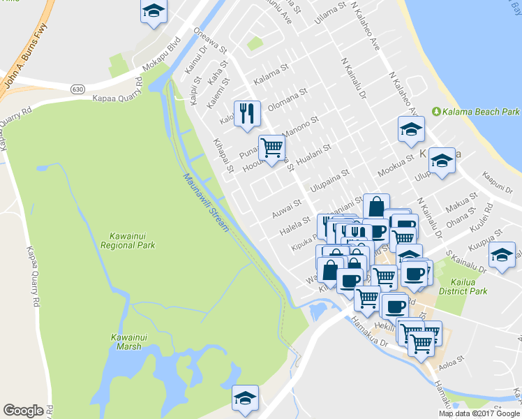 map of restaurants, bars, coffee shops, grocery stores, and more near 633 Kuaaina Way in Kailua