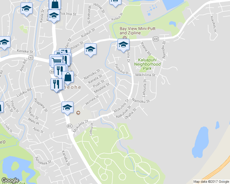 map of restaurants, bars, coffee shops, grocery stores, and more near 45-309 Nakuluai Street in Kaneohe