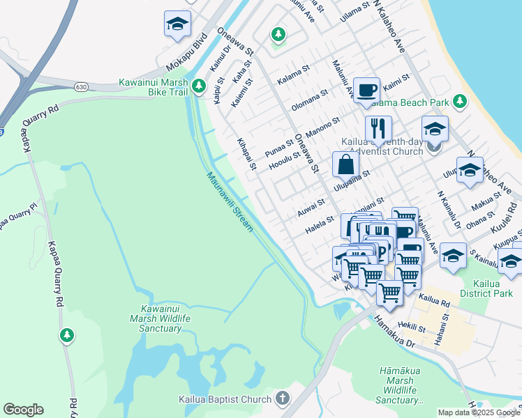 map of restaurants, bars, coffee shops, grocery stores, and more near 739 Kahoa Drive in Kailua