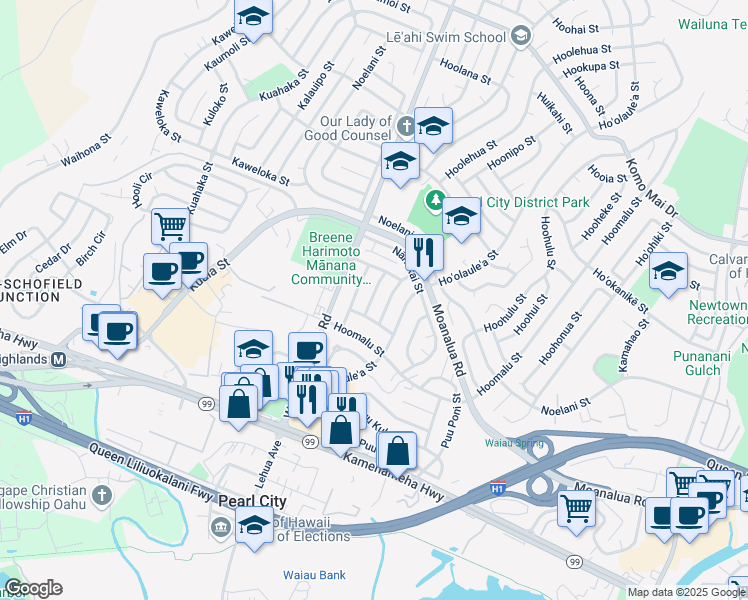 map of restaurants, bars, coffee shops, grocery stores, and more near 1325 Hoolauna Street in Pearl City