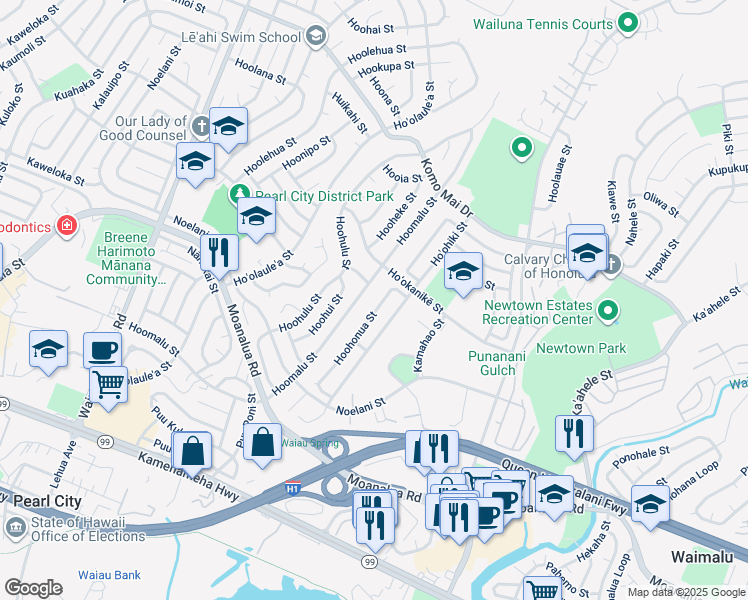 map of restaurants, bars, coffee shops, grocery stores, and more near 98-1442 Hoohonua Street in Pearl City