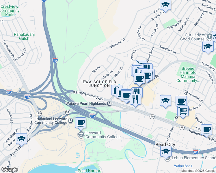 map of restaurants, bars, coffee shops, grocery stores, and more near 7249 Birch Circle in Pearl City