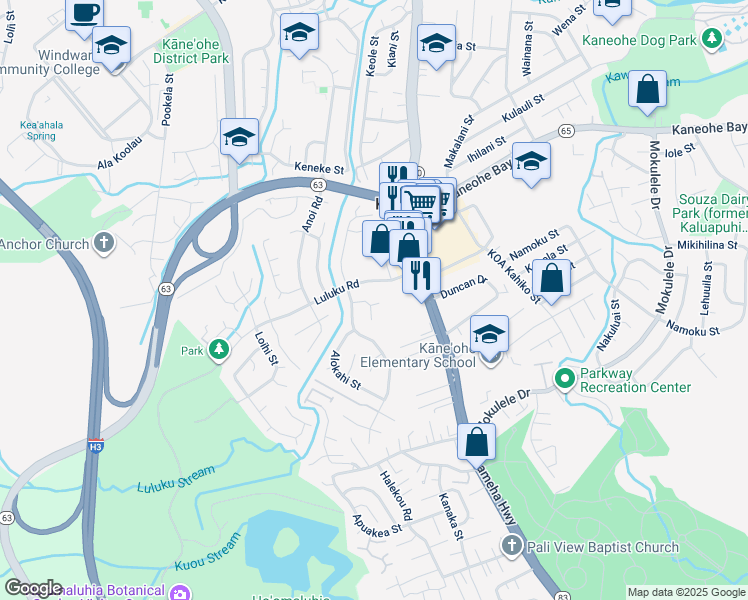 map of restaurants, bars, coffee shops, grocery stores, and more near 45 Awanene Way in Kaneohe