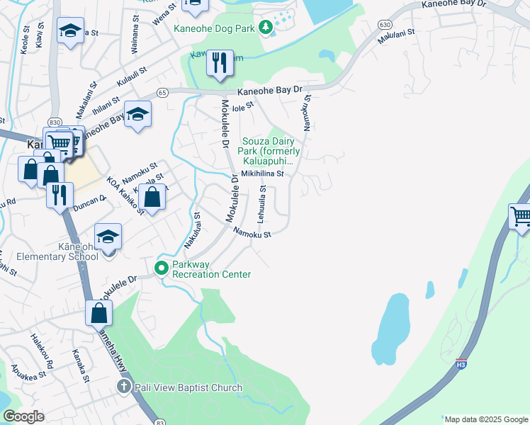 map of restaurants, bars, coffee shops, grocery stores, and more near 45-336 Lehuuila Street in Kaneohe