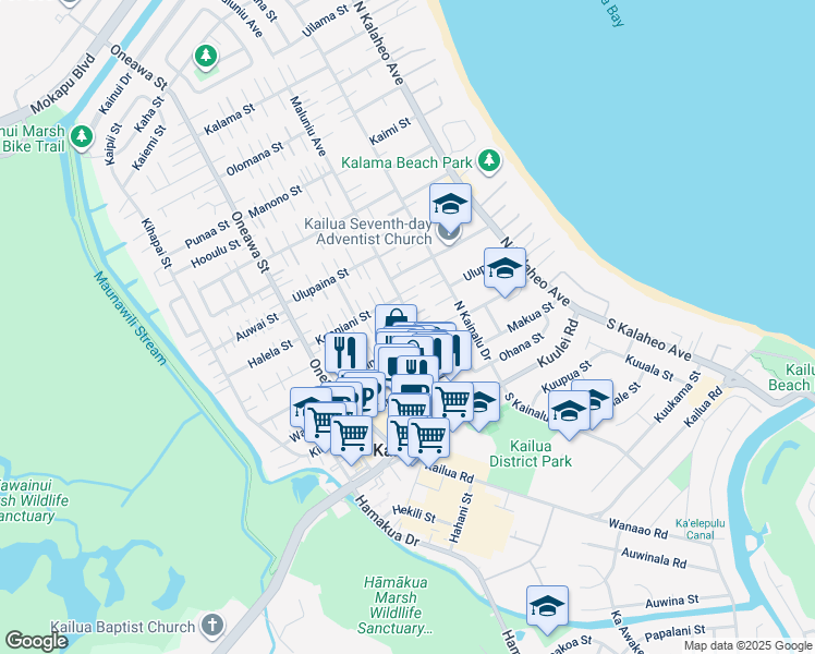 map of restaurants, bars, coffee shops, grocery stores, and more near 221 Maluniu Avenue in Kailua
