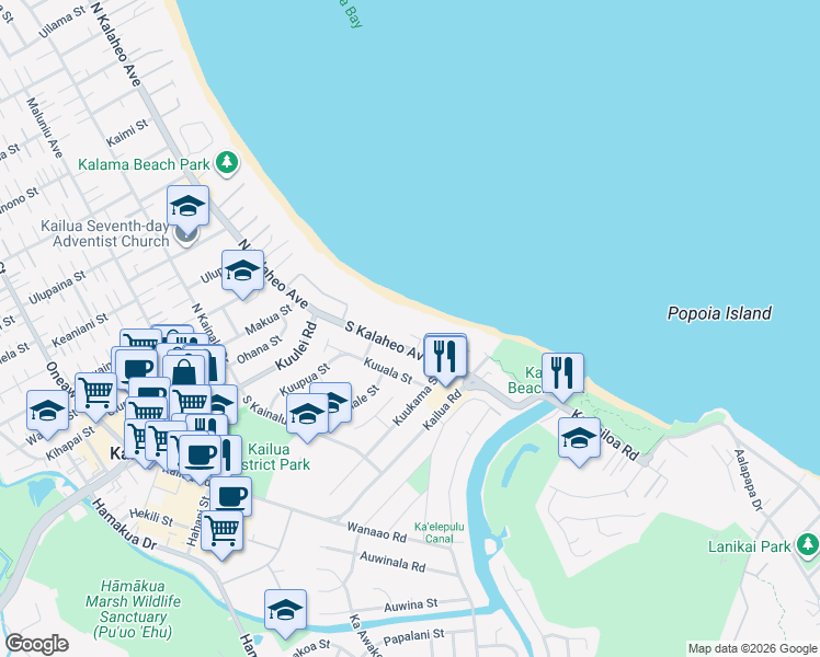 map of restaurants, bars, coffee shops, grocery stores, and more near 126 South Kalaheo Avenue in Kailua