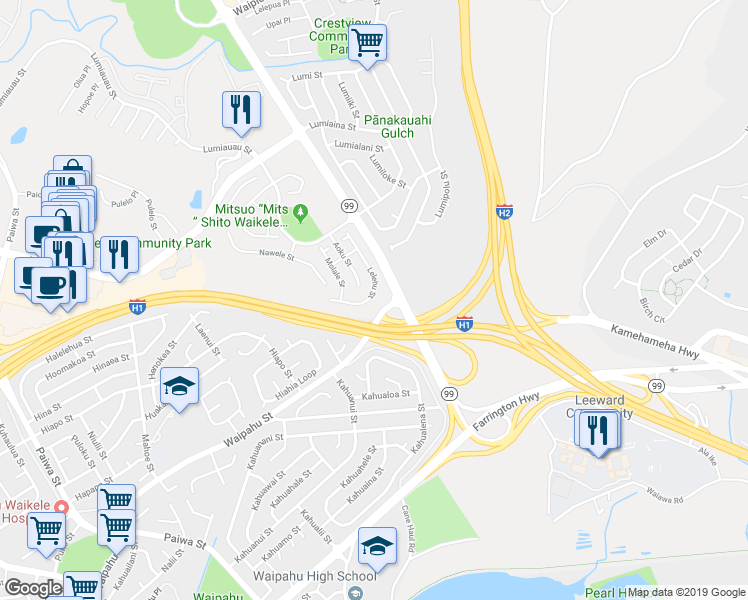 map of restaurants, bars, coffee shops, grocery stores, and more near 94-1078 Lelehu Street in Waipahu