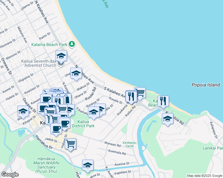 map of restaurants, bars, coffee shops, grocery stores, and more near 72 South Kalaheo Avenue in Kailua