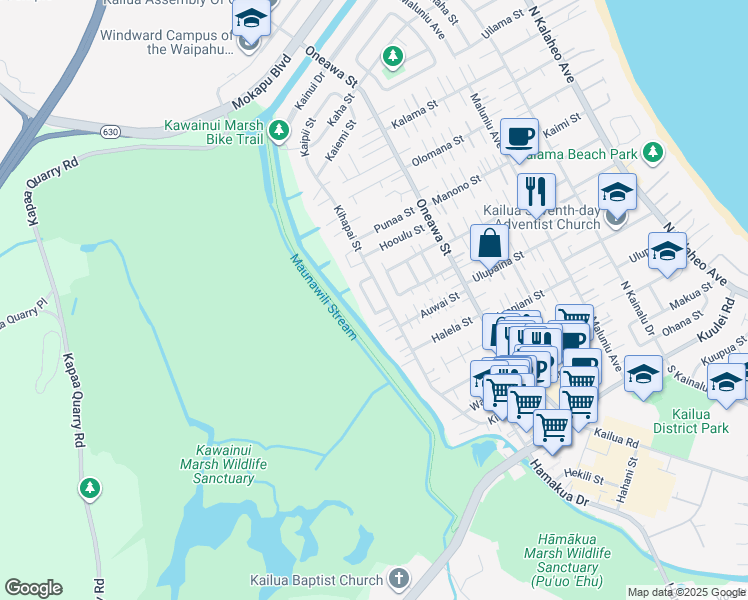 map of restaurants, bars, coffee shops, grocery stores, and more near 739 Kahoa Drive in Kailua