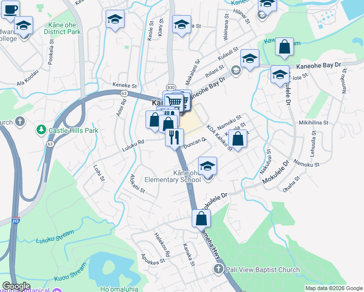 map of restaurants, bars, coffee shops, grocery stores, and more near 45-619 Duncan Drive in Kaneohe