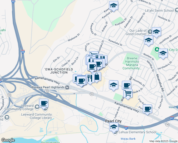 map of restaurants, bars, coffee shops, grocery stores, and more near 854 Acacia Road in Pearl City