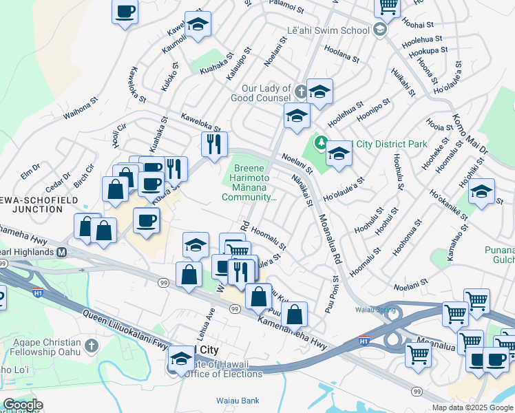 map of restaurants, bars, coffee shops, grocery stores, and more near 1225 Waimano Home Road in Pearl City