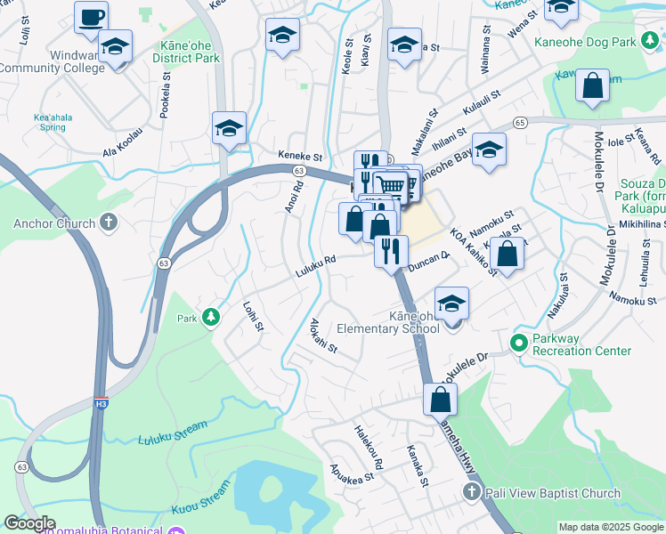 map of restaurants, bars, coffee shops, grocery stores, and more near 45-587 Awanene Place in Kaneohe