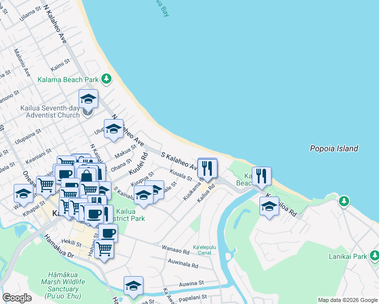 map of restaurants, bars, coffee shops, grocery stores, and more near 126 South Kalaheo Avenue in Kailua