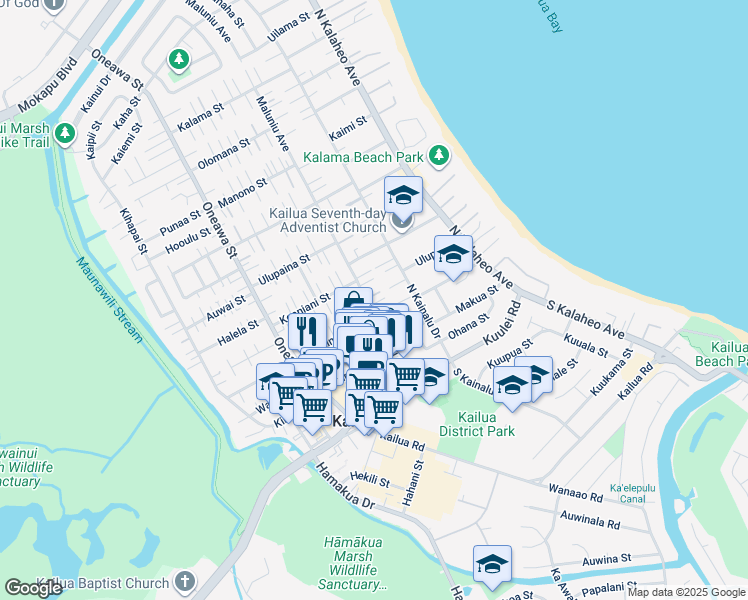 map of restaurants, bars, coffee shops, grocery stores, and more near 219 Maluniu Avenue in Kailua