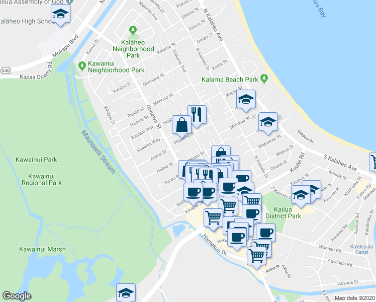map of restaurants, bars, coffee shops, grocery stores, and more near 306 Kealahou Place in Kailua