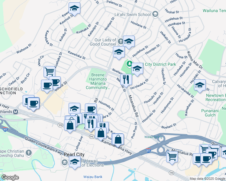 map of restaurants, bars, coffee shops, grocery stores, and more near 1325 Hoolauna Street in Pearl City
