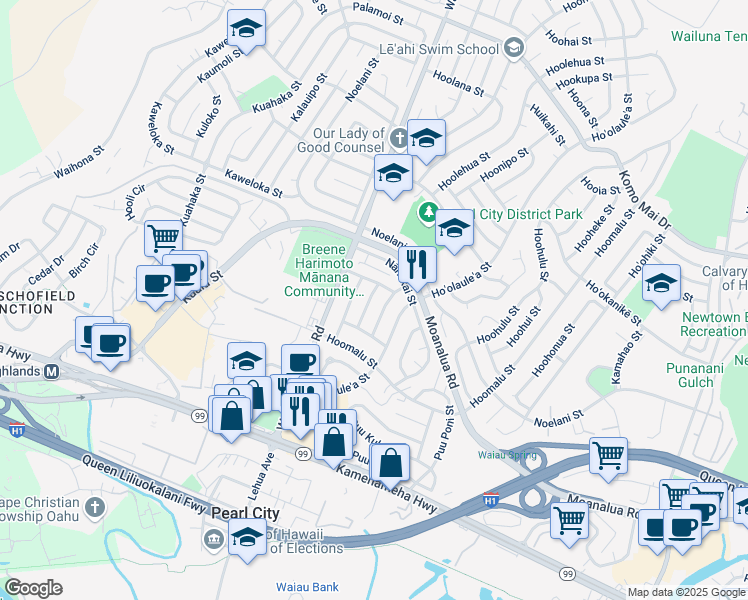 map of restaurants, bars, coffee shops, grocery stores, and more near 1325 Hoolauna Street in Pearl City