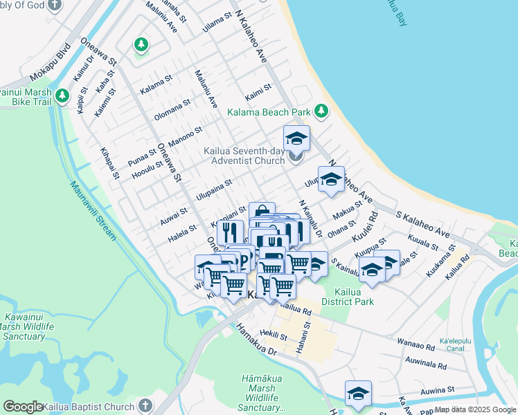 map of restaurants, bars, coffee shops, grocery stores, and more near 219 Maluniu Avenue in Kailua