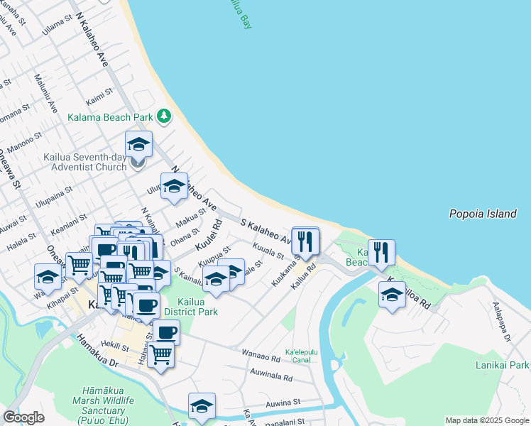 map of restaurants, bars, coffee shops, grocery stores, and more near 72 South Kalaheo Avenue in Kailua