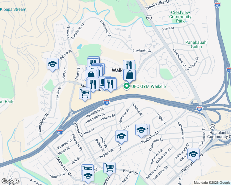 map of restaurants, bars, coffee shops, grocery stores, and more near 94-861 Lumiaina Street in Waipahu