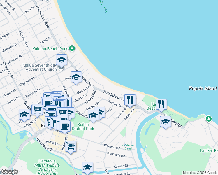 map of restaurants, bars, coffee shops, grocery stores, and more near 56 South Kalaheo Avenue in Kailua