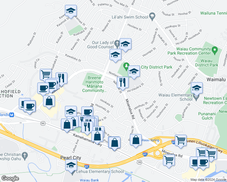 map of restaurants, bars, coffee shops, grocery stores, and more near 1364 Hookano Street in Pearl City