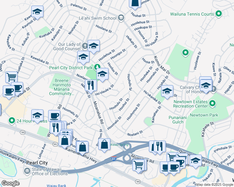 map of restaurants, bars, coffee shops, grocery stores, and more near 1492 Hoohaku Street in Pearl City
