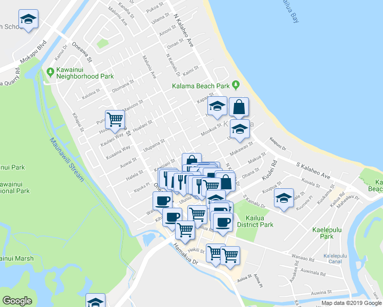 map of restaurants, bars, coffee shops, grocery stores, and more near 308 Maluniu Avenue in Kailua