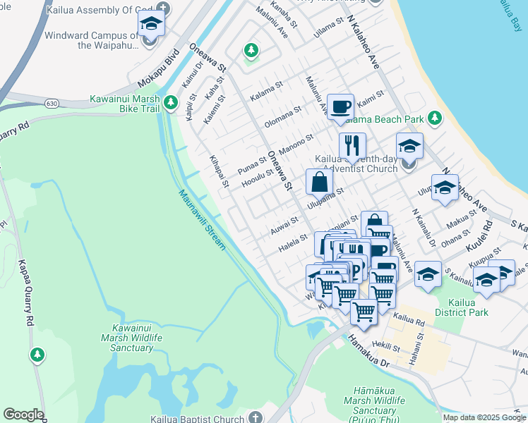 map of restaurants, bars, coffee shops, grocery stores, and more near 452 Puako Way in Kailua