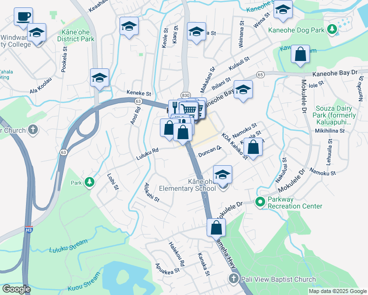 map of restaurants, bars, coffee shops, grocery stores, and more near 45-582 Kamehameha Highway in Kaneohe