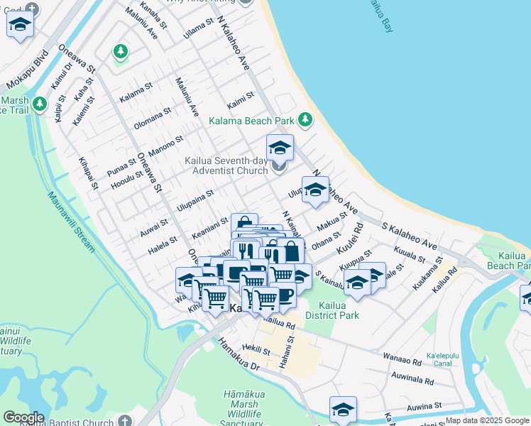 map of restaurants, bars, coffee shops, grocery stores, and more near 230 Ilikea Place in Kailua